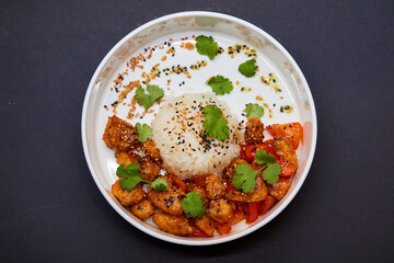 Delicious dish of Basmati rice and meat on the table