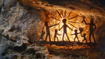 Prehistoric rock painting on ancient cave wall by caveman. Generative Ai.