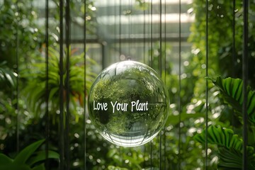 Love Your Plant delicately etched onto a transparent glass orb, positioned within a serene indoor garden filled with cascading foliage and soft diffused light.