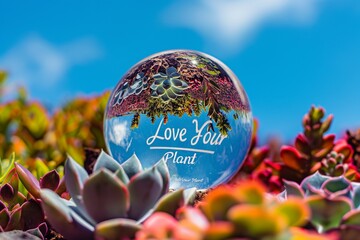Love Your Plant elegantly engraved on a crystal-clear glass globe, nestled amidst a field of colorful succulents under clear blue skies.