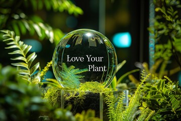 Love Your Plant delicately etched onto a transparent glass orb, positioned within a serene indoor garden filled with cascading foliage and soft diffused light.