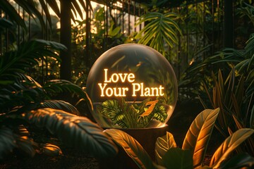 Love Your Plant glowing on a glass globe surrounded by lush greenery at golden hour in a botanical garden.