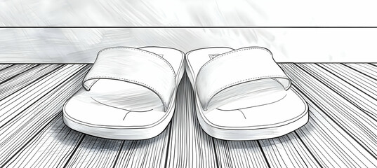 A simple line art of a pair of minimalist sandals on a wooden floor