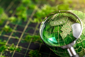 Magnifying glass zooms in on ESG icon atop a verdant globe, symbolizing global sustainability.