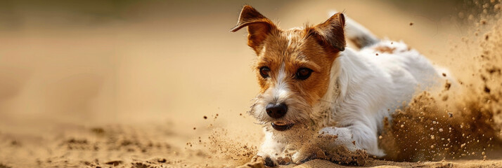 A brown and white dog is energetically running through the sandy beach, leaving paw prints behind