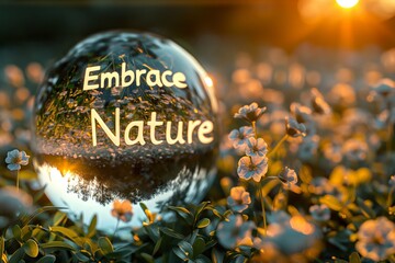 Mesmerizing 3D text Embrace Nature sculpted on a glass globe, reflecting the serene beauty of a blossoming meadow at sunrise