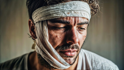 Fototapeta premium Wounded young man - head bandaged with bandages. Generative AI