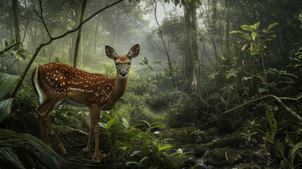 A deer stands majestically in the midst of a lush forest, surrounded by tall trees and dappled...