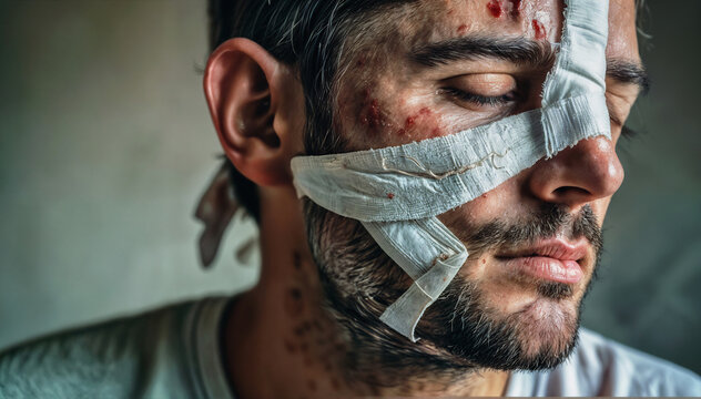 Wounded young man - head bandaged with bandages. Generative AI
