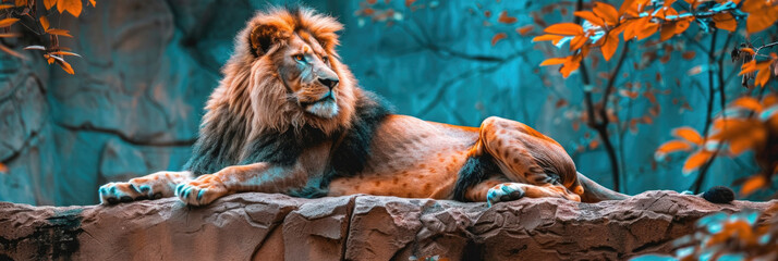 A lion resting on top of a stone wall in a relaxed posture. Its majestic presence contrasts with...