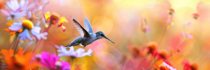 A hummingbird in flight among colorful flowers in a vibrant field
