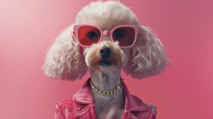 A white dog is stylishly dressed in pink sunglasses and a matching jacket, adding a pop of color to its appearance