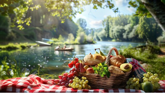Summer picnic with a basket of bread, pastries, and fruits on a red checkered cloth next river