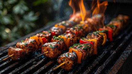 4. Sizzling Barbecue: Plumes of savory smoke rise from a crackling barbecue grill, where skewers of marinated meats and colorful vegetables sizzle and char, filling the air with mo