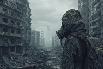 A man wearing a gas mask stands in a city devastated by war, with crumbling buildings and debris everywhere. Concept: post-apocalypse.