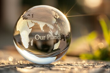Our Planet engraved on a crystal-clear glass globe, reflecting the world's beauty in
