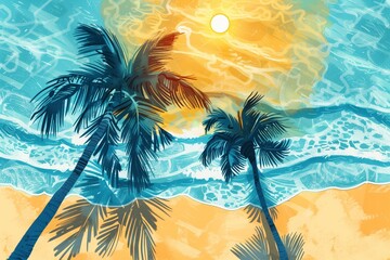 An AI-generated panorama of a beach at golden hour, with palm trees and a sun-kissed ocean creating a stunning view.