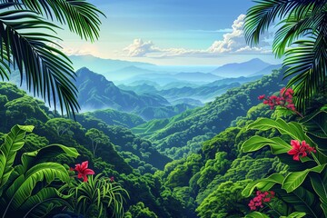 Vector illustration showcases the lush Monteverde Cloud Forest Reserve in Costa Rica. AI Generated