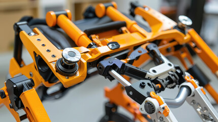 Fototapeta premium A detailed view of a robot constructed from metal materials, showcasing intricate mechanical components and precise craftsmanship