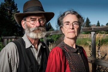 An elderly farmer couple stands next to a fence in front of a grassy field and forest. The man wears a hat, vest, and has a long beard and mustache. The woman has gray hair and glasses. - Powered by Adobe