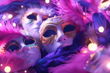 An assortment of festive carnival masks adorned with golden accents and feathers, casting a spell of wonder in a dreamlike setting. AI Generated