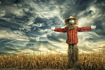 A scarecrow stands in a field of corn with a dramatic sky above.