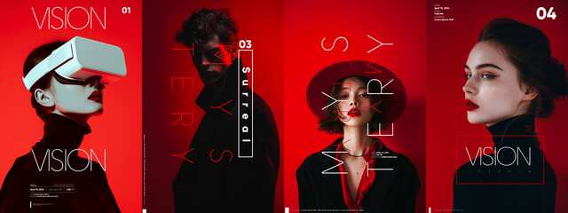 Futuristic and surreal fashion portraits, highlighted by a radiant red background and modern white typography, exude mystery.