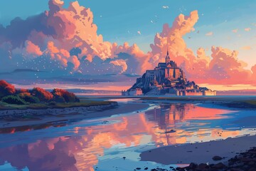 AI-generated vector of Mont Saint-Michel with the warm glow of sunset painting the sky and water