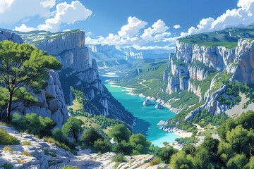 Artistic vector illustration of Gorges du Verdon with its calm turquoise waters and dramatic cliffs under the bright sun, capturing the essence of serene French landscapes. AI Generated