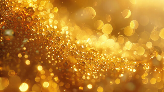 Detailed close up of a shimmering gold glitter background with fine particles reflecting light