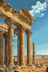 AI-generated vector illustration capturing the essence of an ancient temple's sunlit columns and arches, set against a picturesque sky. Perfect blend of history and art. AI Generated