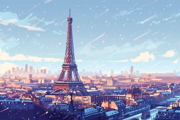 In the crisp air of winter, the Eiffel Tower stands tall in this serene vector illustration. AI Generated