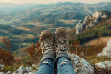 A pair of worn out hiking boots are resting on a rocky ledge. The boots are covered in dirt and grass, and the person wearing them is looking out over a beautiful mountain landscape - Powered by Adobe