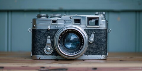 Vintage Camera Resting on Rustic Wooden Table