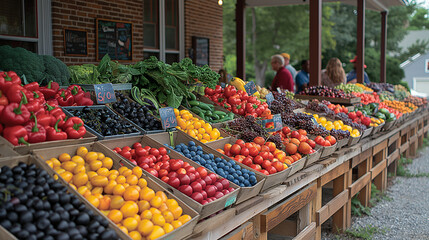Obraz premium 14. Bountiful Harvest: Vibrant fruits and vegetables overflow from baskets and crates at a bustling farmer's market, their colors and flavors a testament to the abundance of the su