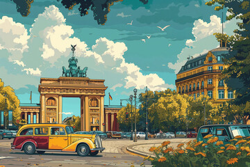 Classic vector illustration of Berlin's Brandenburg Gate, with vintage cars adding charm to the timeless scene. AI Generated