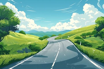 A vector illustration of an idyllic road meandering through a sunny, pastoral landscape, evoking a sense of freedom - AI Generated.