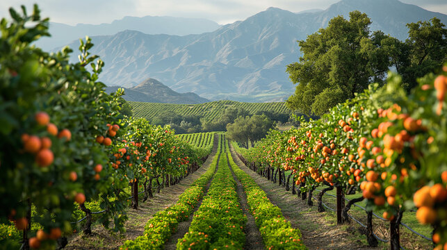 20. Seasonal Harvest: Orchard trees bow under the weight of ripe fruit, while vineyards stretch to the horizon, heavy with clusters of grapes ready for harvest, as farmers and wine