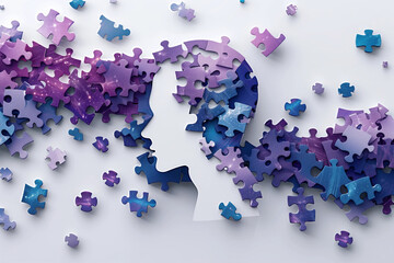 A flat design showcasing a head silhouette filled with puzzle pieces in varying shades of purple and blue AI Generated.