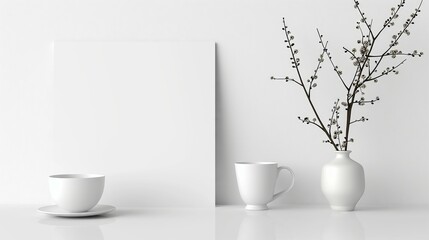 Elegant presentation of a clean mockup sheet ready for text. White coffee cups and vase with twigs on a pure white background. Concept of minimalist style, product showcase, mockup design. Copy space