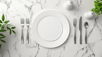 Table setting with clean white plate and cutlery on a marble surface. Elegant dining arrangement. Top view. Concept of fine dining, table decor, tableware, luxury dining experience, banquet setting.