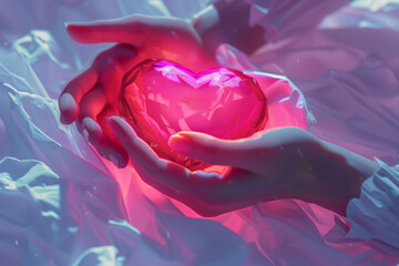 A vivid heart encased in crystal, tenderly held by caring hands in a tranquil icy landscape, conveying warmth amidst cold. AI Generated