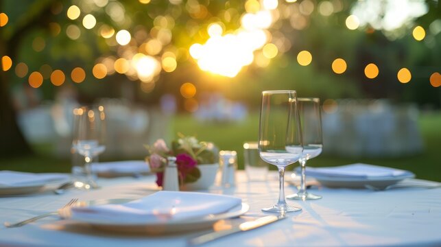 Festive table setting in the garden. Outdoor restaurant or cafe. Fine dining setup outdoors. Concept of dining al fresco, romantic dinners, event elegance, sunset banquets. Copy space