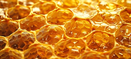 Golden Honeycomb with honey close up. Natural beeswax pattern. Texture. Concept of apiculture, natural design, beekeeping, honey production, bee craft. Abstract backdrop. Copy space. Banner