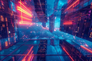 A vibrant vector illustration of skyscrapers piercing through a neon-infused cloudscape at dusk. AI Generated.