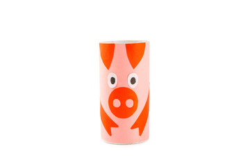 Obraz premium Toilet paper crafts isolated on white background. Kids crafts made with toilet paper roll. DIY. Handmade. Paper toys zoo. Origami animals. Concept of children's educational games.