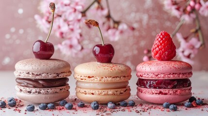  one topped with a cherry, another with raspberry, the third with strawberry
