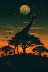 Vector artwork of a majestic giraffe under a starlit sky with a textured moon, capturing the beauty of safari nights. AI Generated