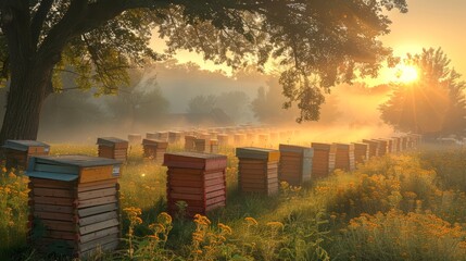Peaceful apiary among wildflowers. Bee hives in a sunlit meadow. Beekeeping. Concept of apiculture, honey farming, serene agriculture, natural beauty, rural life, pollinator habitats