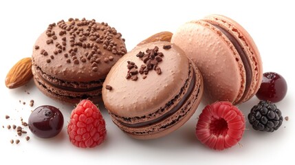   Three macaroons stacked, adjacent to raspberries and almonds